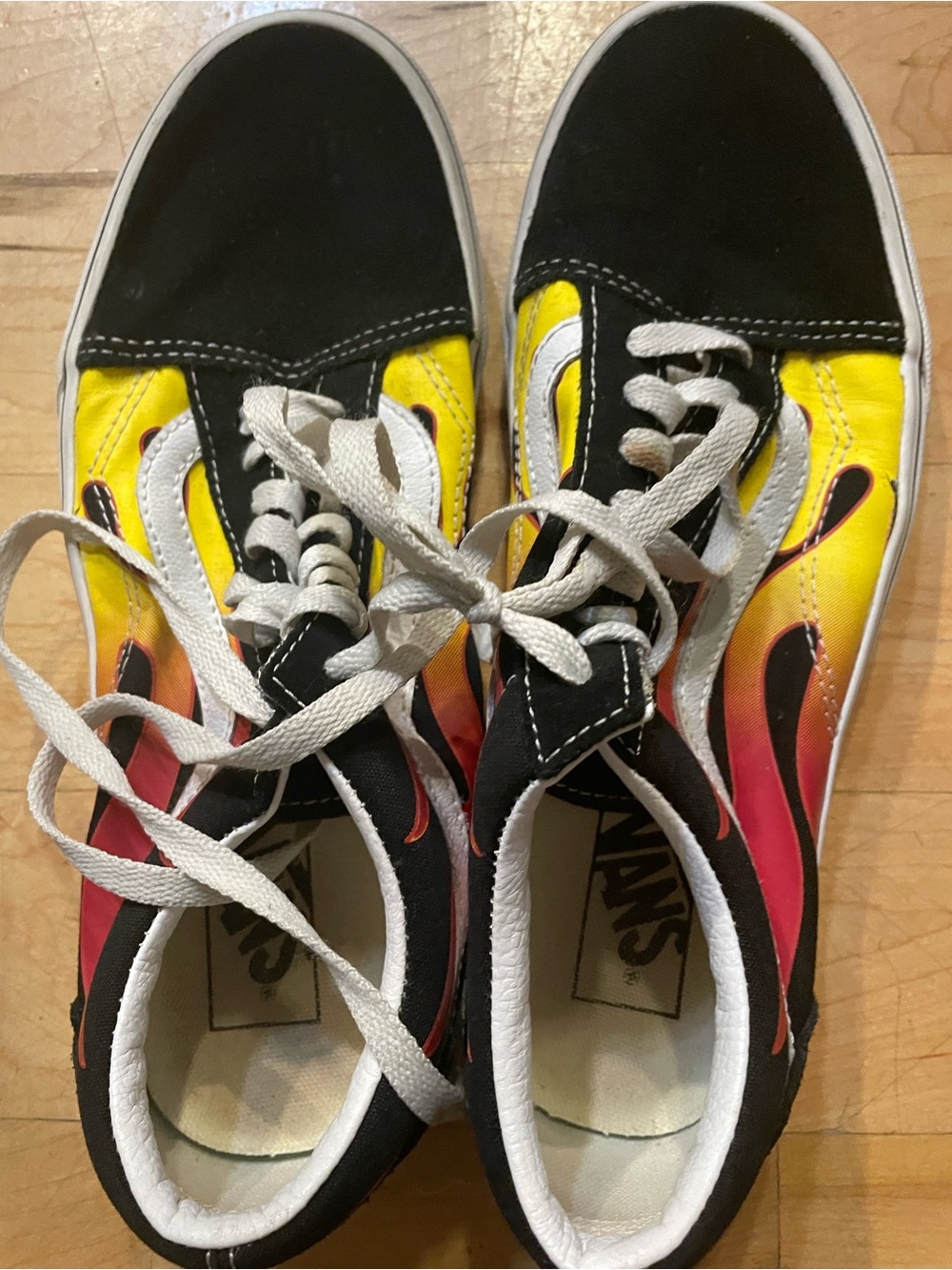 Vans Women’s Black Canvas Sneakers Yellow, Red & White Flame Detail Size 9.5